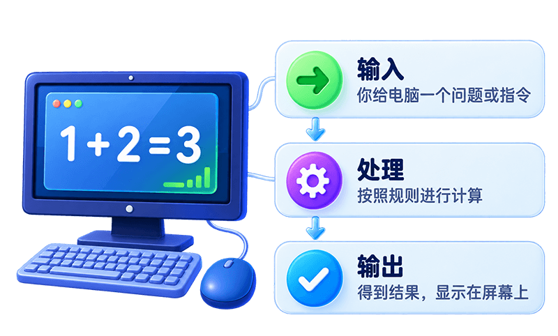 输入：你给电脑一个问题或指令；处理：电脑按照规则进行计算；输出：得到结果，显示在屏幕上。例如 1 加 2 得到 3。