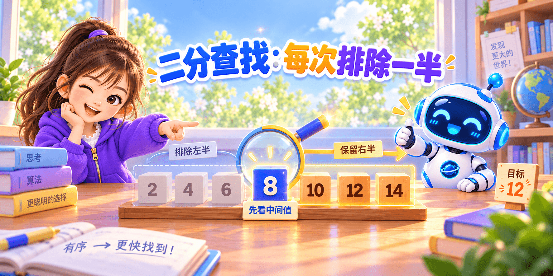 二分查找：每次排除一半 Banner